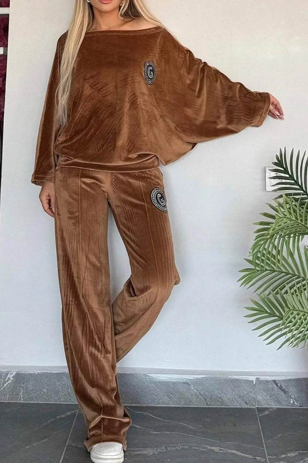 Full Size Boat Neck Long Sleeve Top and Pants Set - Velveta Studio
