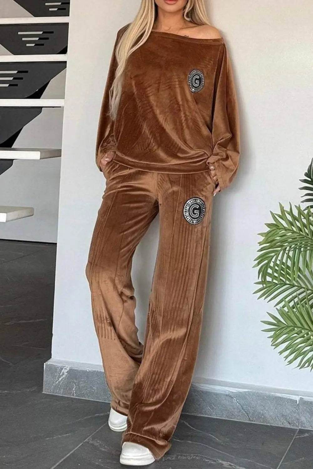 Full Size Boat Neck Long Sleeve Top and Pants Set - Velveta Studio