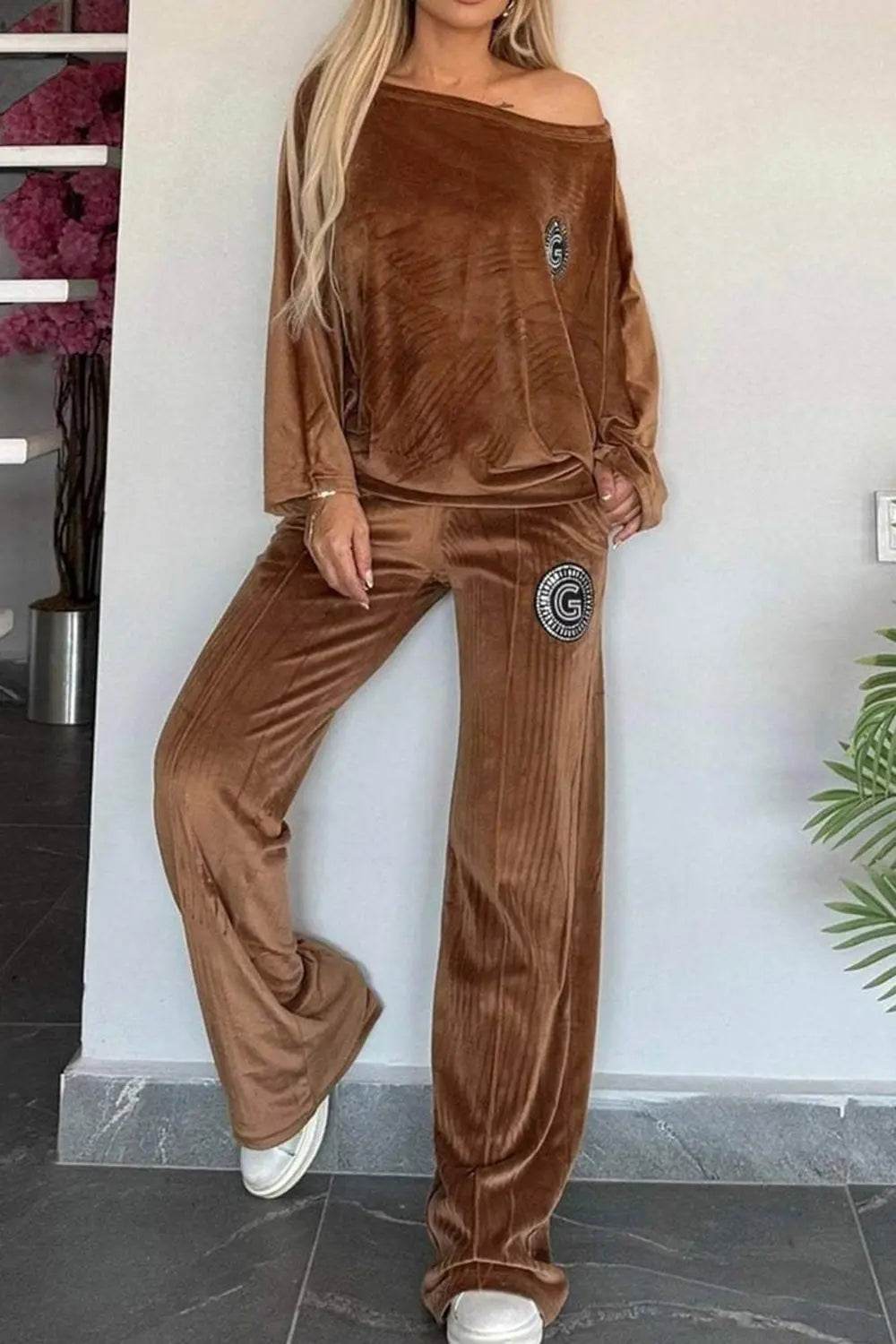 Full Size Boat Neck Long Sleeve Top and Pants Set - Velveta Studio