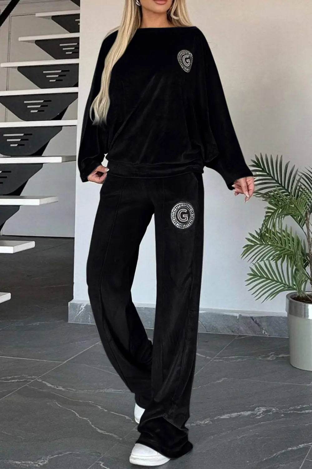 Full Size Boat Neck Long Sleeve Top and Pants Set - Velveta Studio