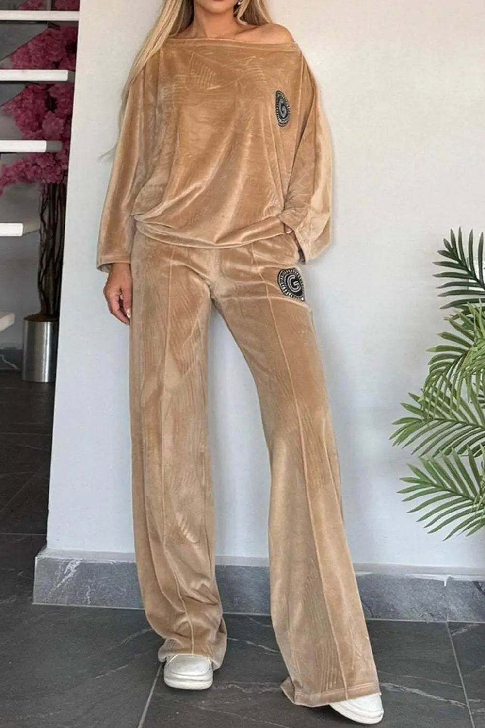 Full Size Boat Neck Long Sleeve Top and Pants Set - Velveta Studio