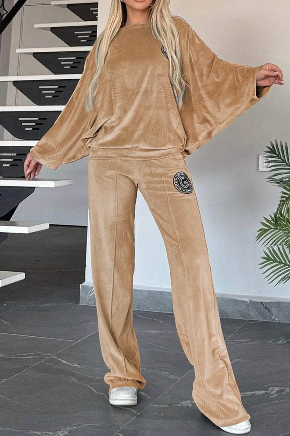 Full Size Boat Neck Long Sleeve Top and Pants Set - Velveta Studio