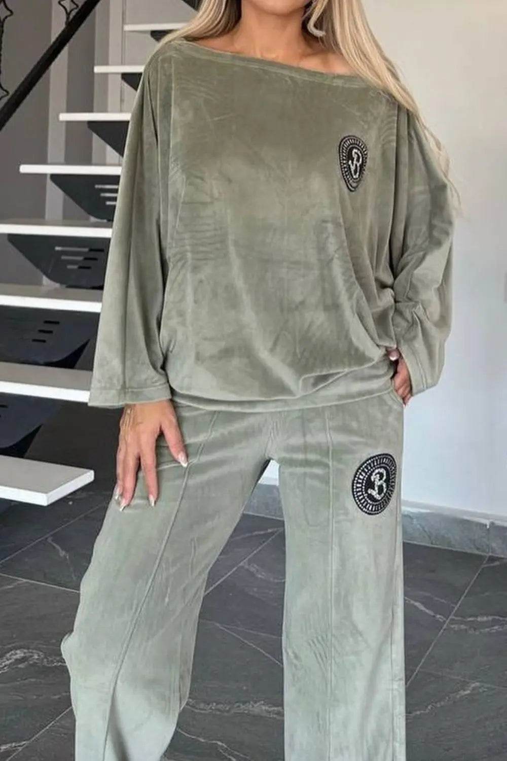 Full Size Boat Neck Long Sleeve Top and Pants Set - Velveta Studio