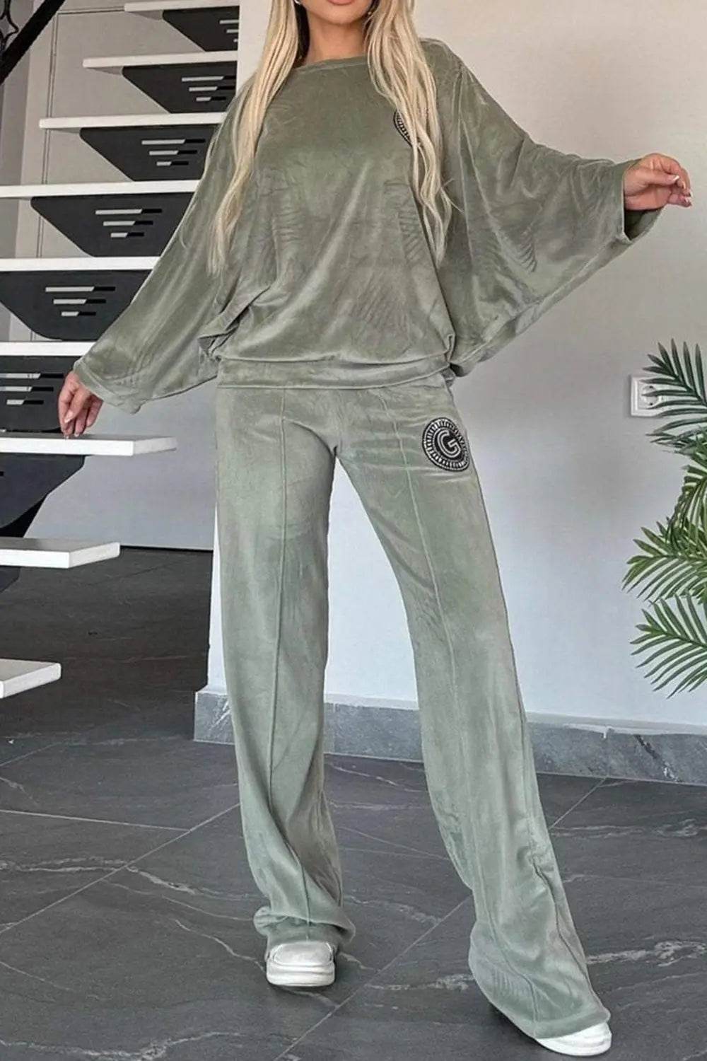 Full Size Boat Neck Long Sleeve Top and Pants Set - Velveta Studio