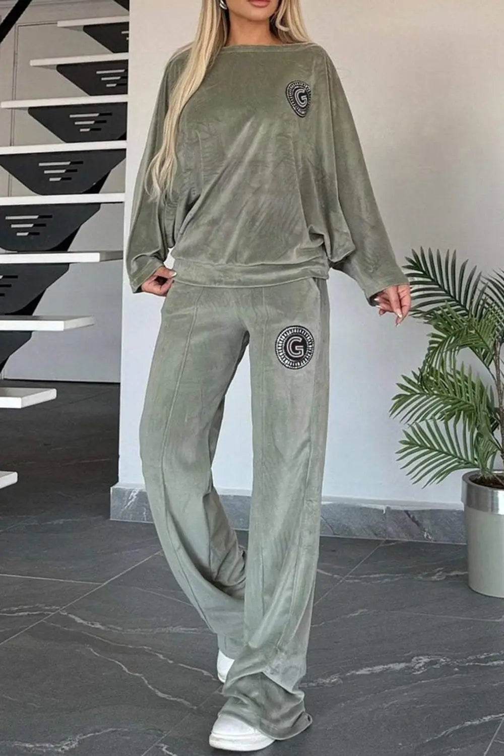 Full Size Boat Neck Long Sleeve Top and Pants Set - Velveta Studio
