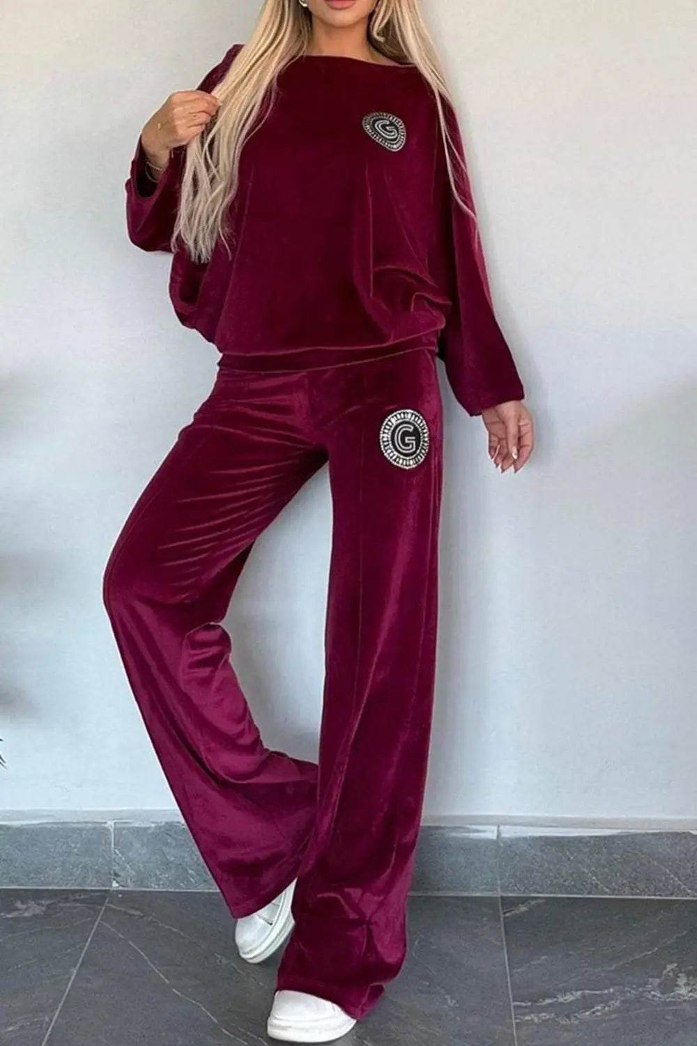 Full Size Boat Neck Long Sleeve Top and Pants Set - Velveta Studio