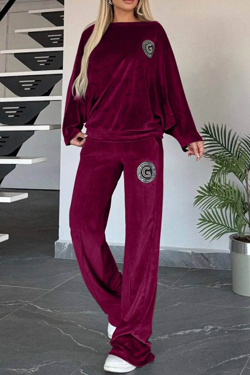 Full Size Boat Neck Long Sleeve Top and Pants Set - Velveta Studio