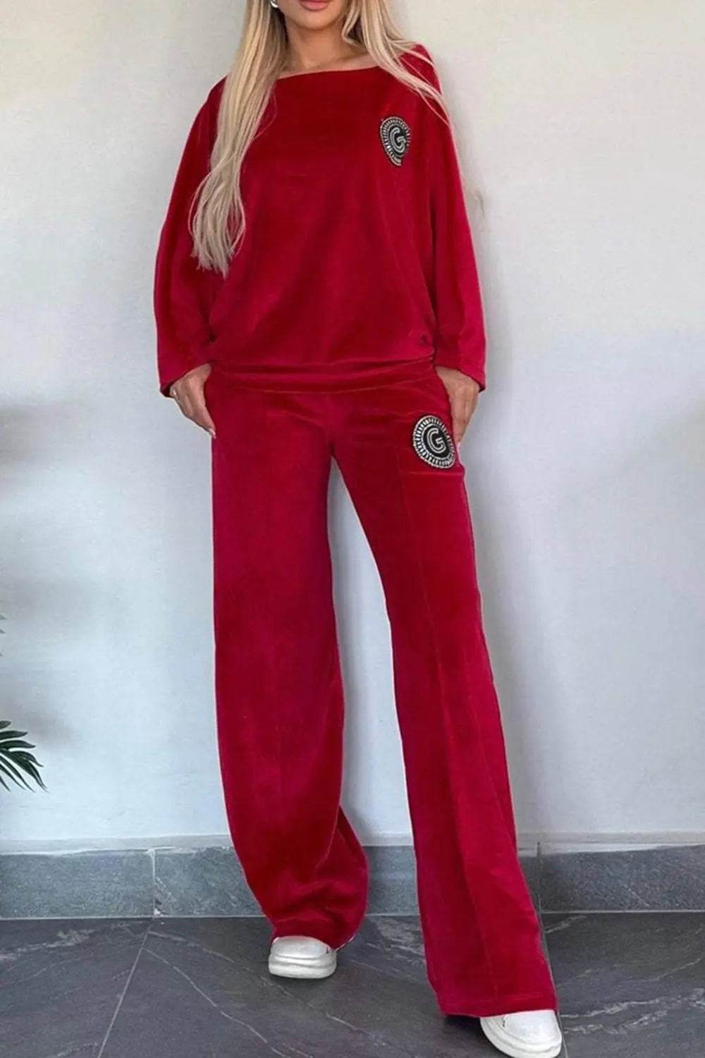 Full Size Boat Neck Long Sleeve Top and Pants Set - Velveta Studio