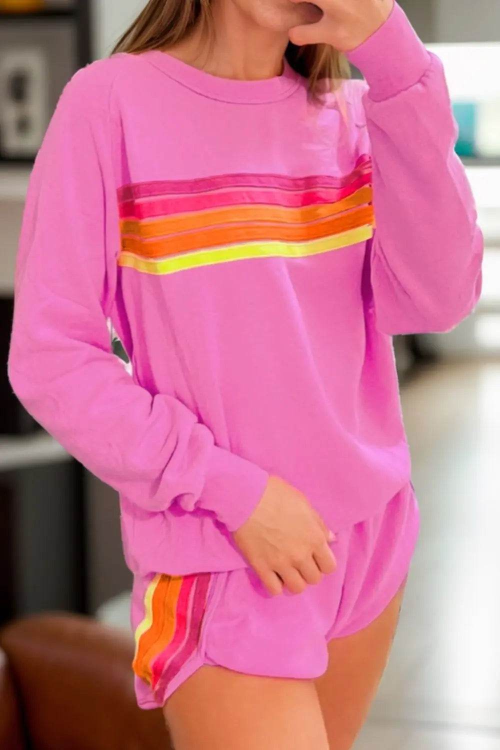 Full Size Contrast Striped Round Neck Top and Shorts Set - Velveta Studio