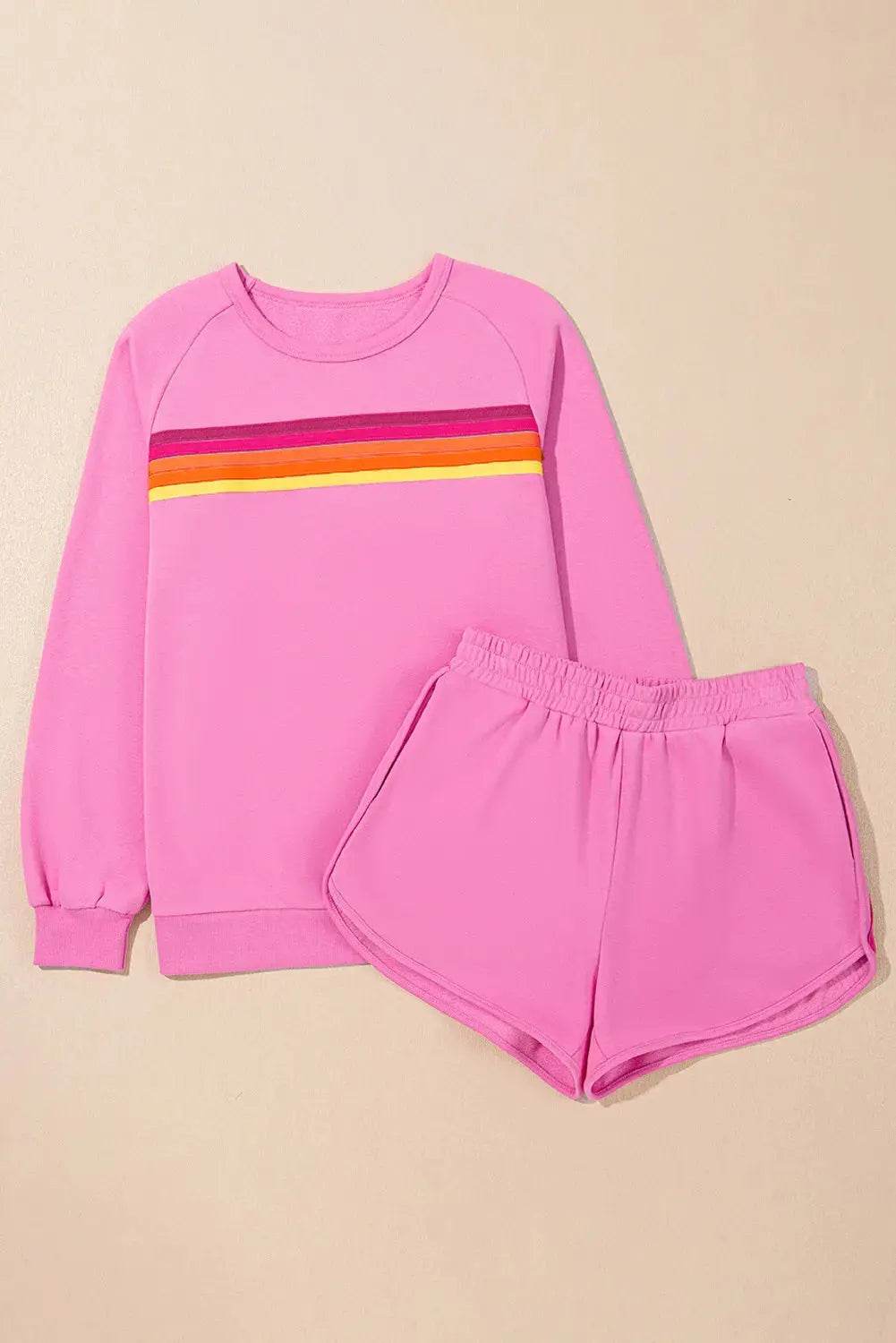 Full Size Contrast Striped Round Neck Top and Shorts Set - Velveta Studio