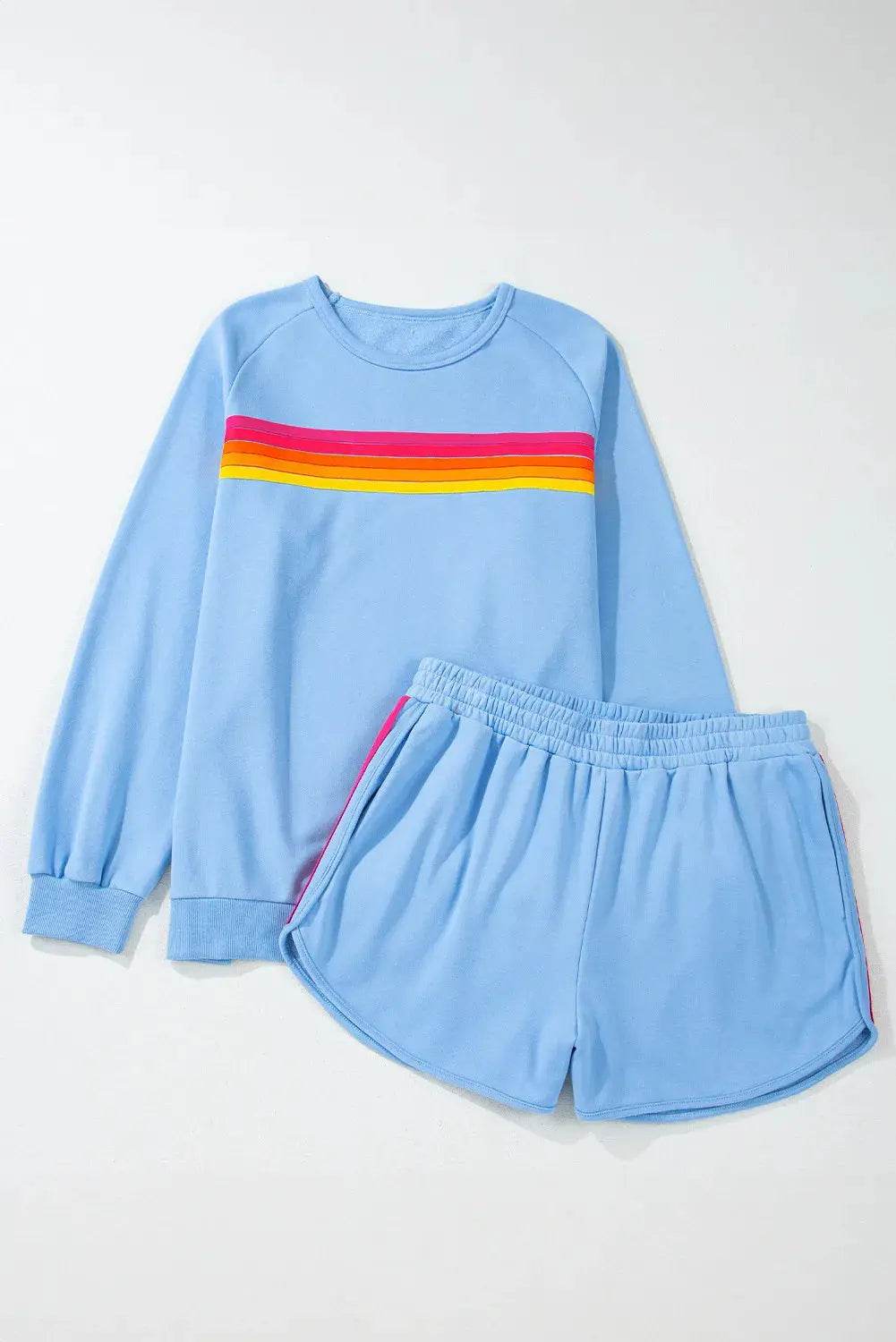 Full Size Contrast Striped Round Neck Top and Shorts Set - Velveta Studio