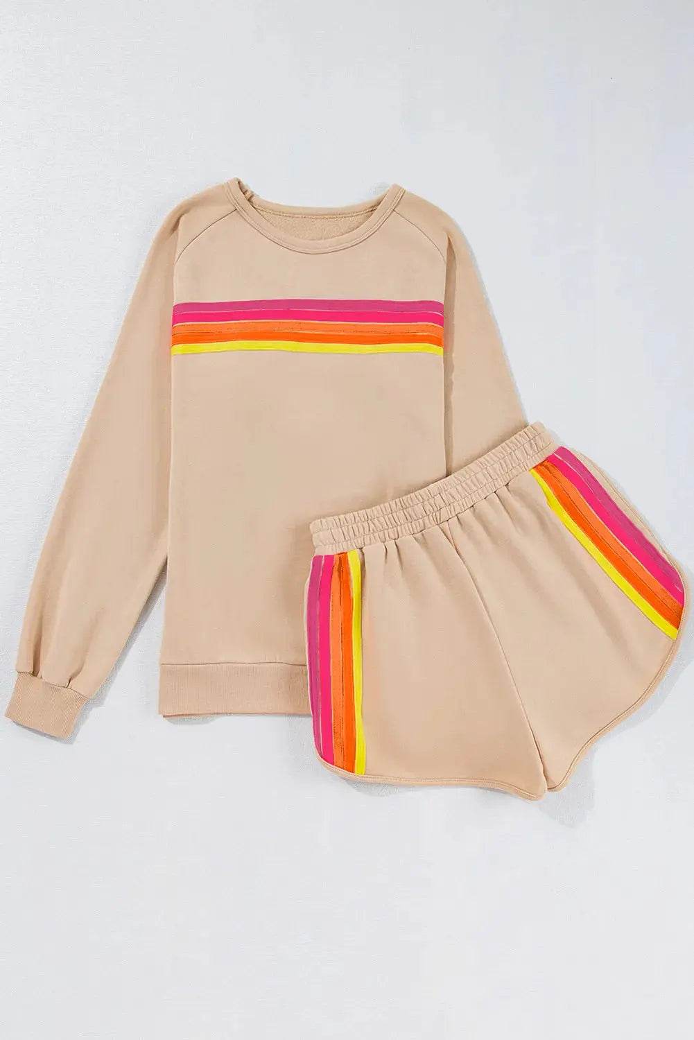 Full Size Contrast Striped Round Neck Top and Shorts Set - Velveta Studio