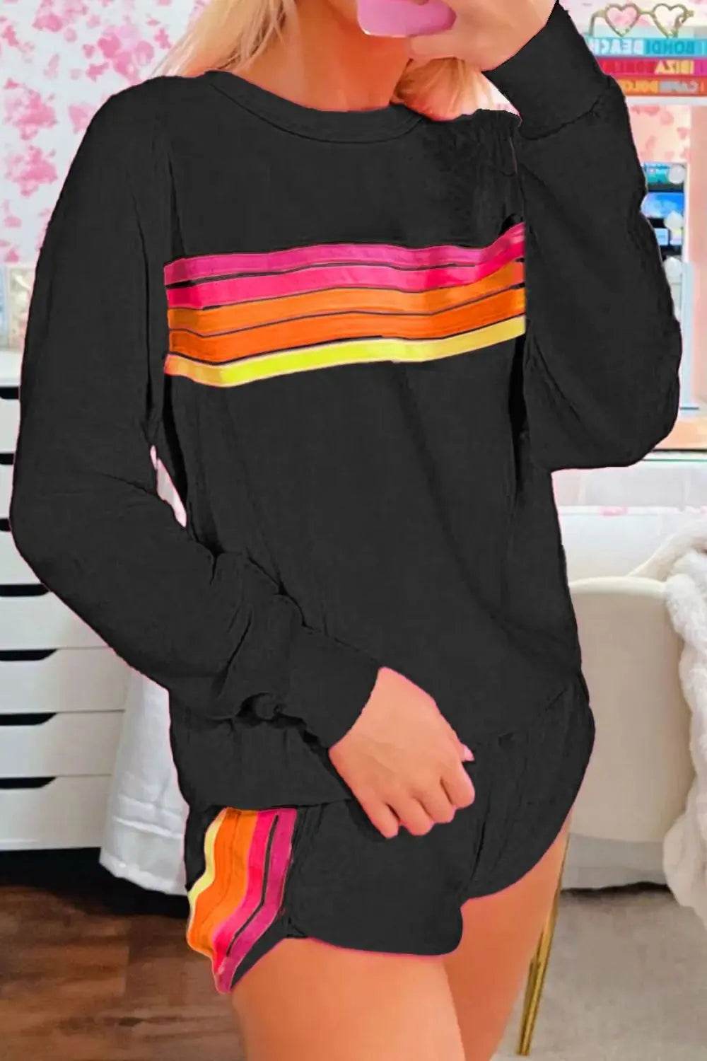 Full Size Contrast Striped Round Neck Top and Shorts Set - Velveta Studio