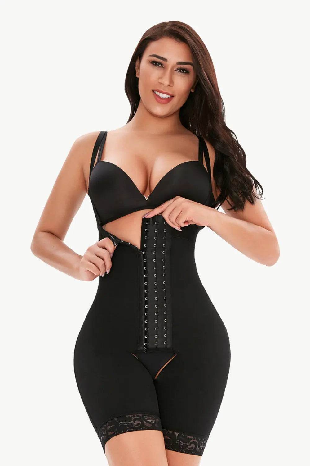 Full Size Hook-and-Eye Lace Trim Shaping Bodysuit - Velveta Studio