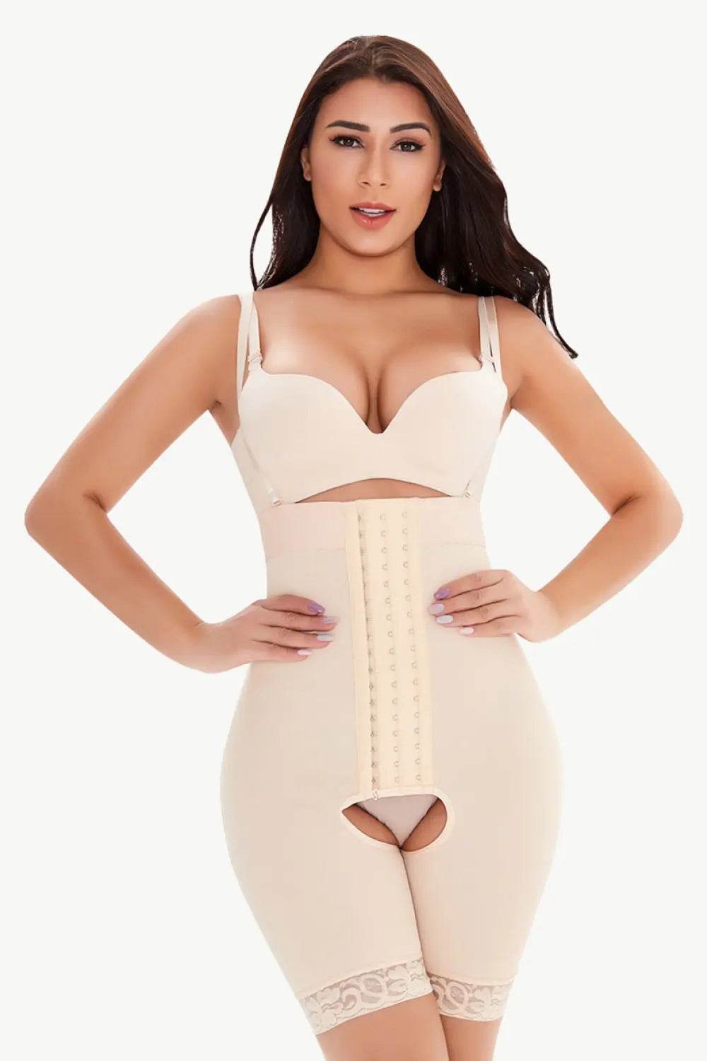Full Size Hook-and-Eye Lace Trim Shaping Bodysuit - Velveta Studio