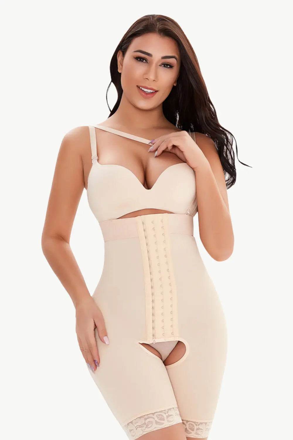 Full Size Hook-and-Eye Lace Trim Shaping Bodysuit - Velveta Studio