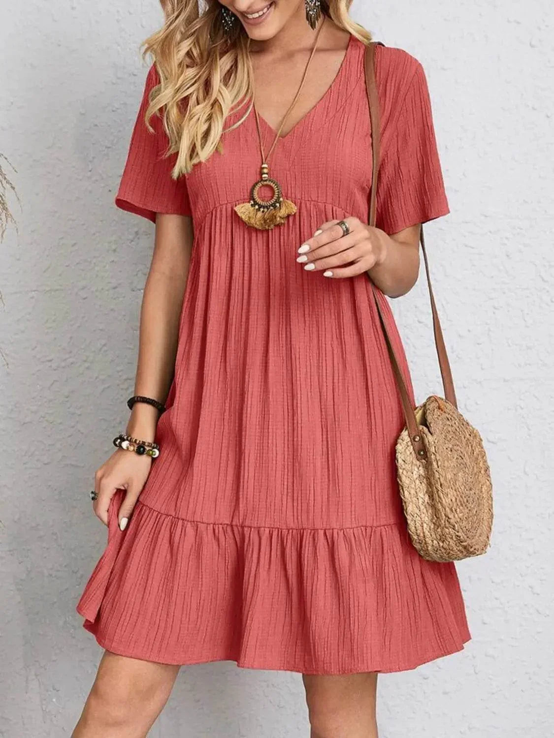 Full Size V-Neck Short Sleeve Dress - Velveta Studio