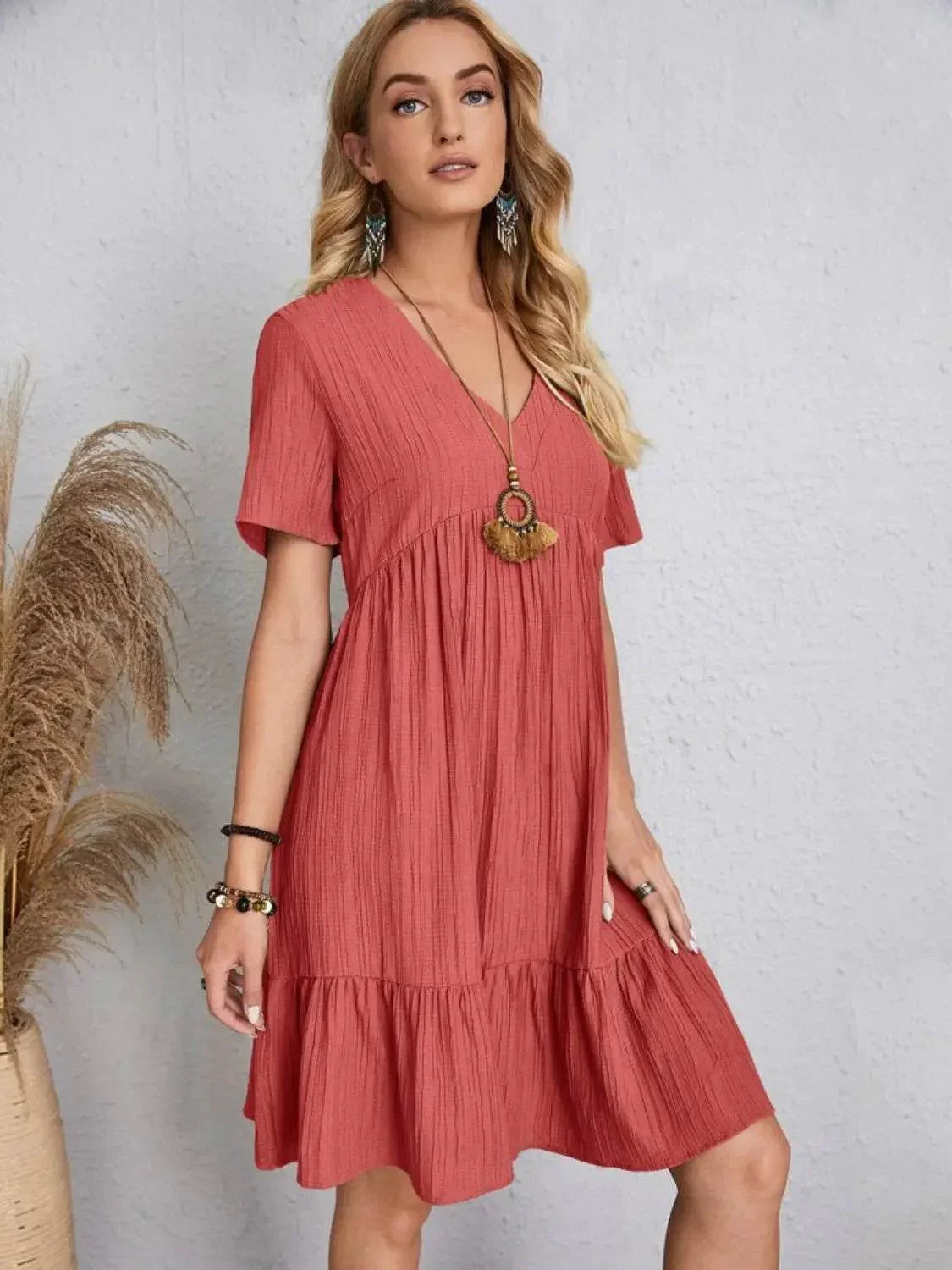 Full Size V-Neck Short Sleeve Dress - Velveta Studio