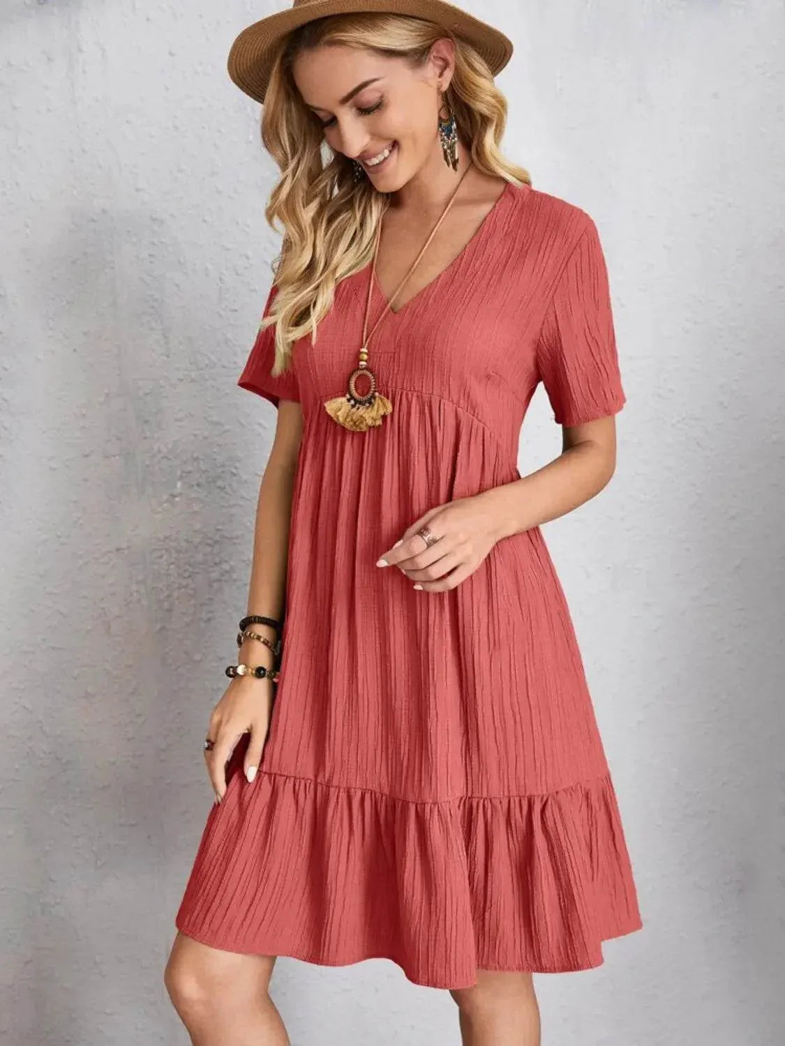 Full Size V-Neck Short Sleeve Dress - Velveta Studio