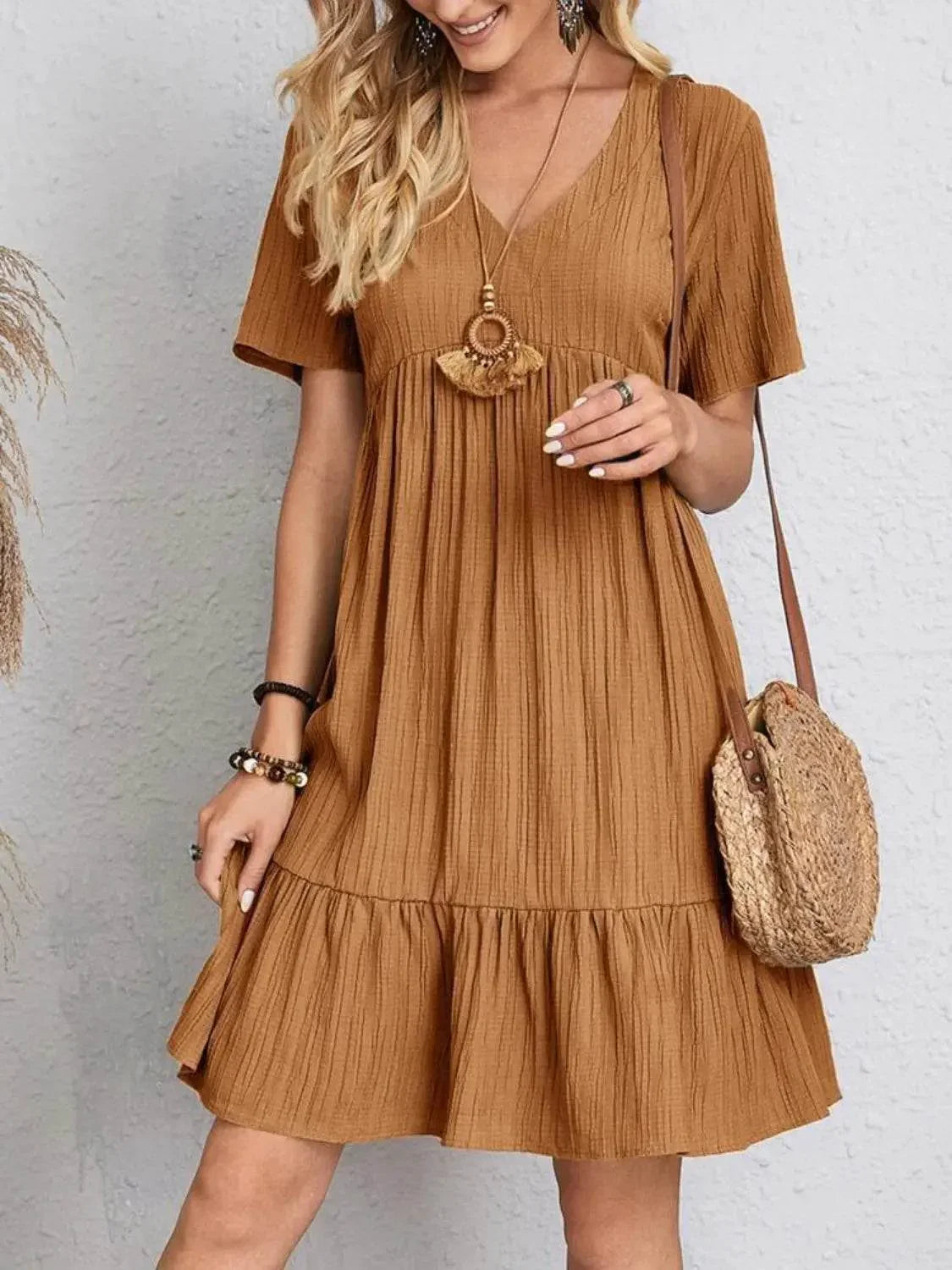 Full Size V-Neck Short Sleeve Dress - Velveta Studio