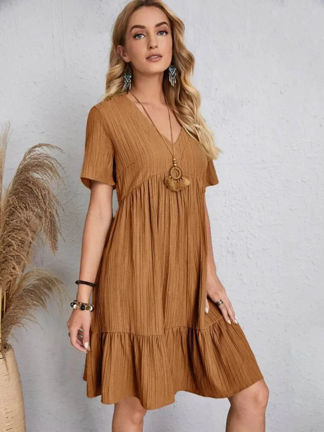 Full Size V-Neck Short Sleeve Dress - Velveta Studio