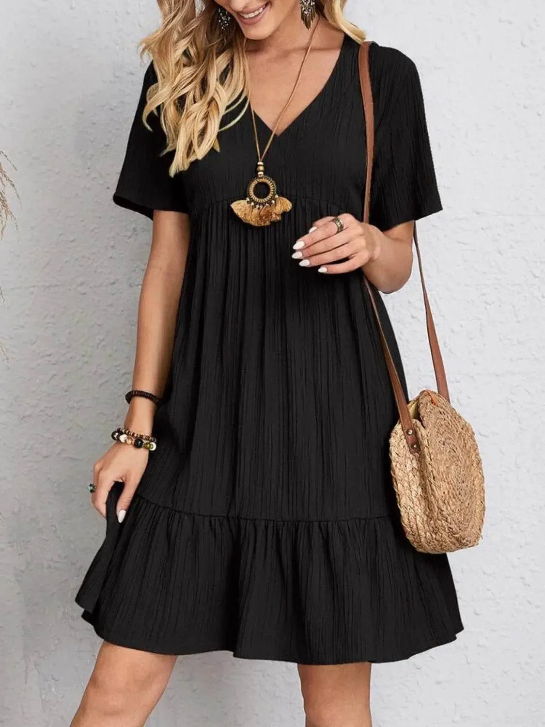 Full Size V-Neck Short Sleeve Dress - Velveta Studio
