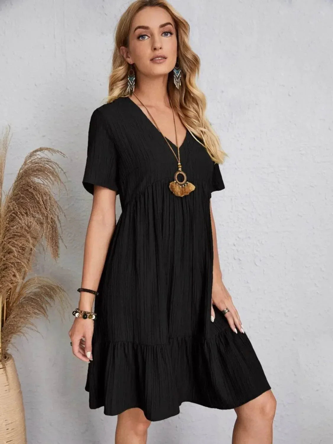 Full Size V-Neck Short Sleeve Dress - Velveta Studio