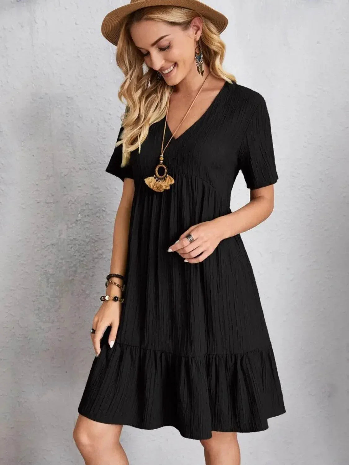 Full Size V-Neck Short Sleeve Dress - Velveta Studio