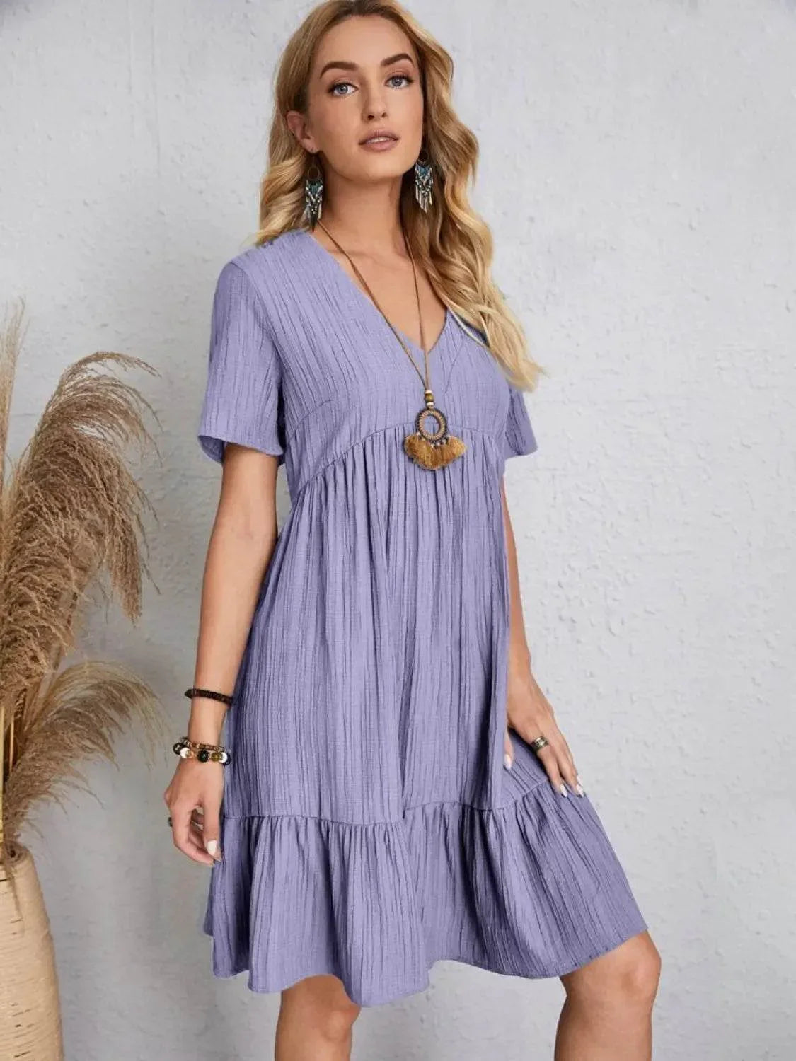 Full Size V-Neck Short Sleeve Dress - Velveta Studio