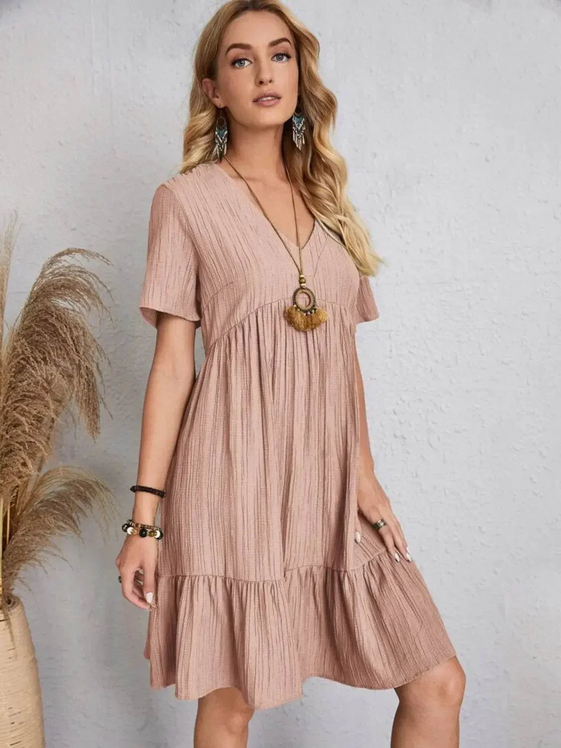 Full Size V-Neck Short Sleeve Dress - Velveta Studio