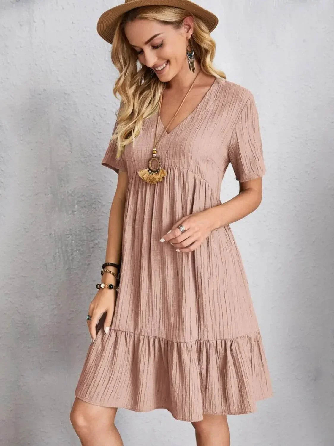 Full Size V-Neck Short Sleeve Dress - Velveta Studio