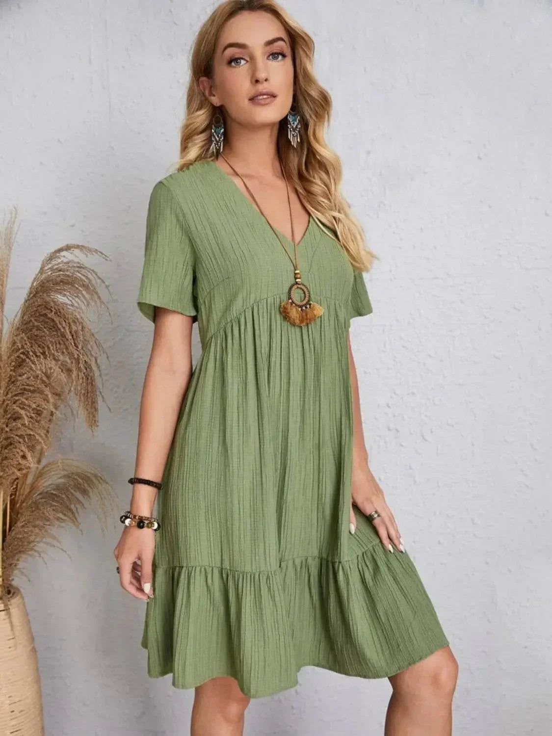 Full Size V-Neck Short Sleeve Dress - Velveta Studio