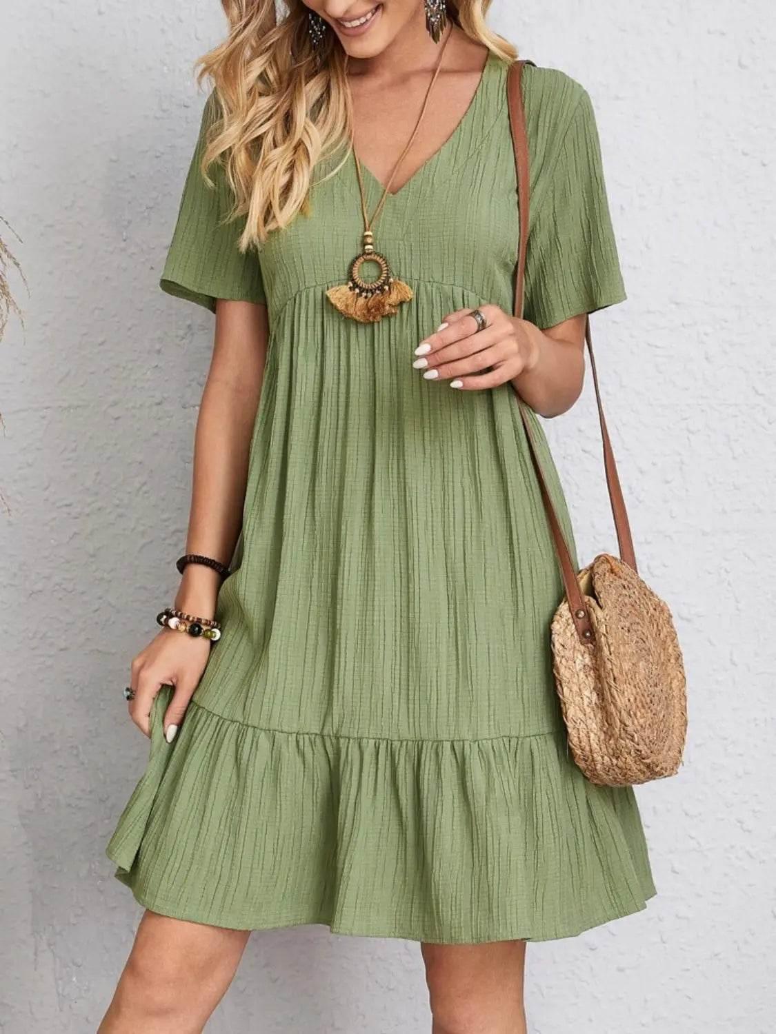Full Size V-Neck Short Sleeve Dress - Velveta Studio