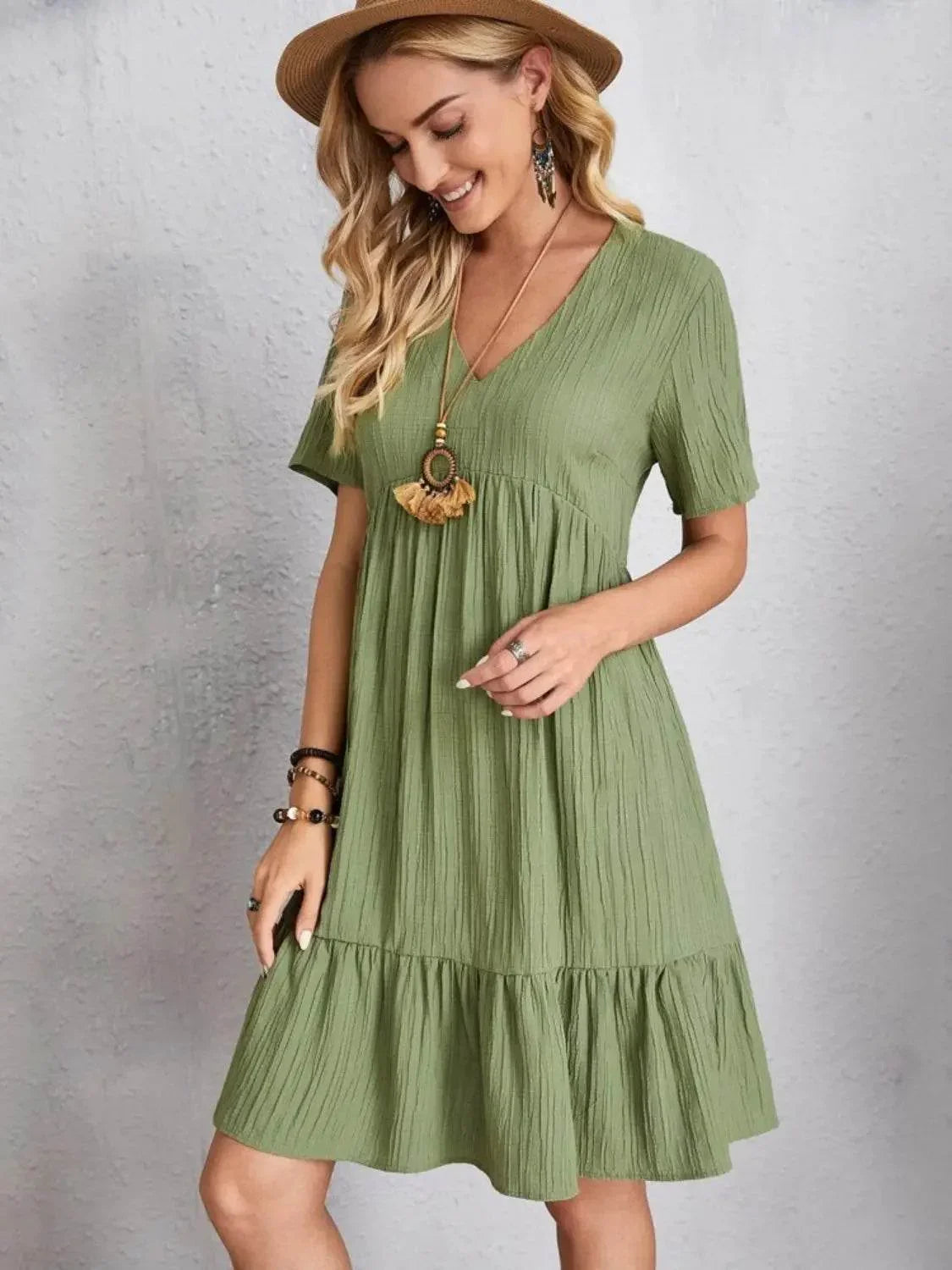 Full Size V-Neck Short Sleeve Dress - Velveta Studio