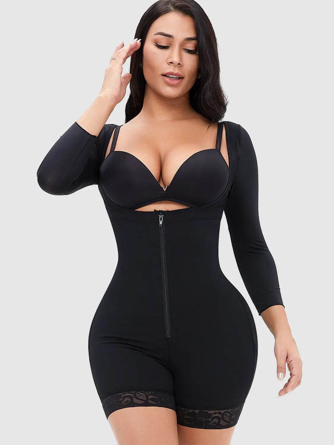 Full Size Zip Up Lace Detail Long Sleeve Shapewear - Velveta Studio