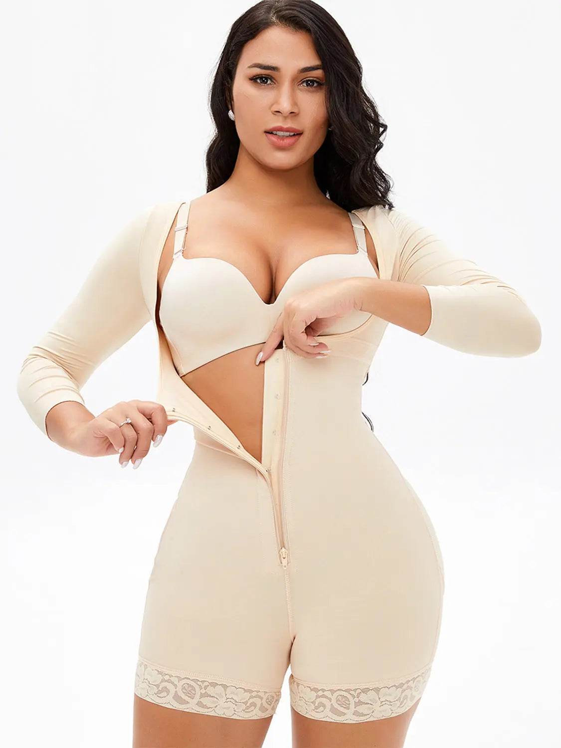 Full Size Zip Up Lace Detail Long Sleeve Shapewear - Velveta Studio