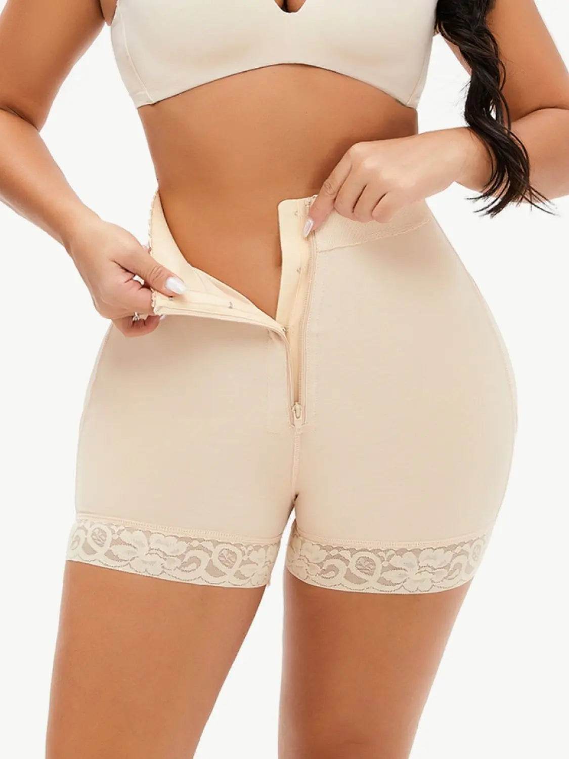 Full Size Zip-Up Lace Trim Shaping Shorts - Velveta Studio