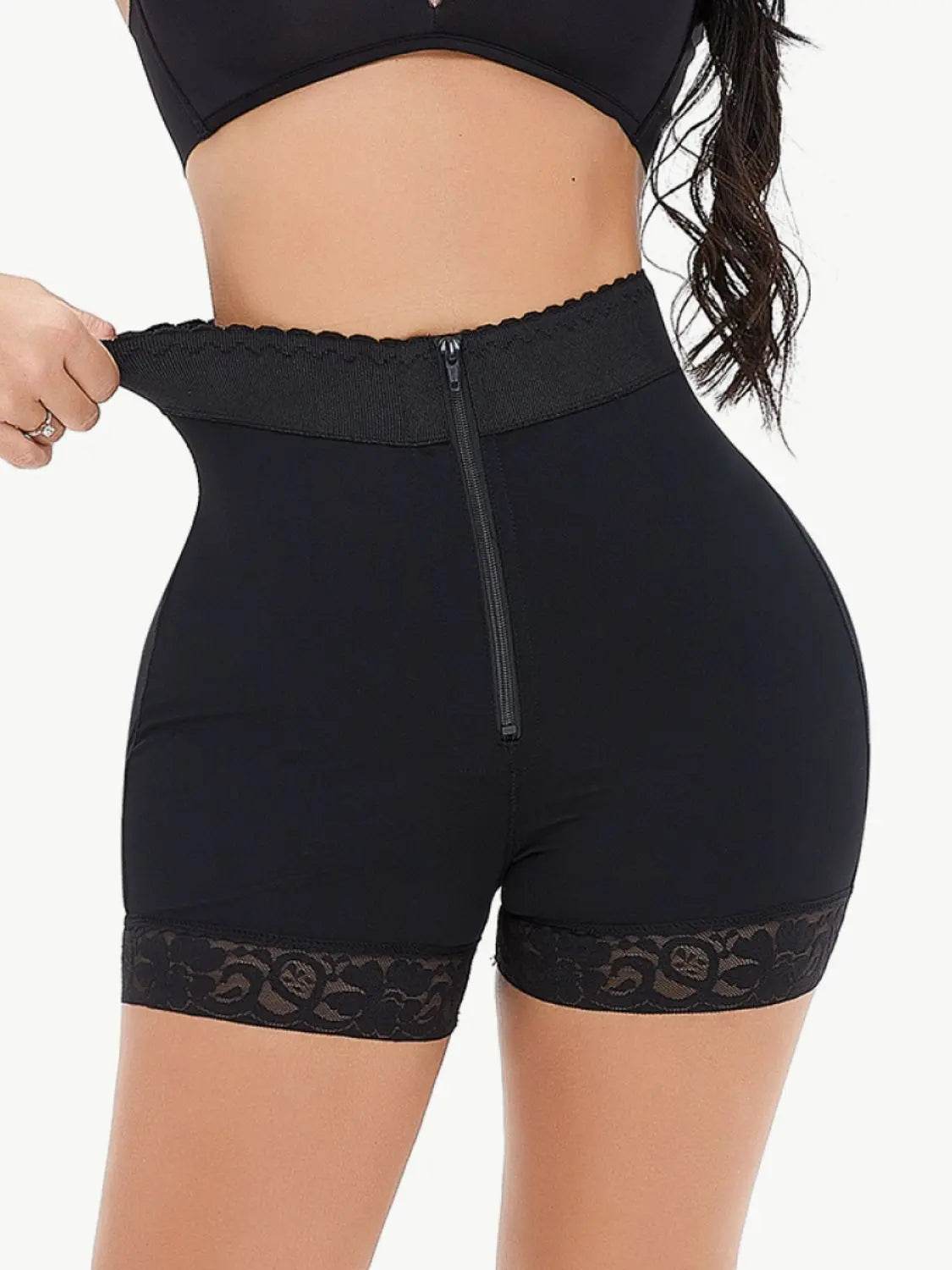 Full Size Zip-Up Lace Trim Shaping Shorts - Velveta Studio