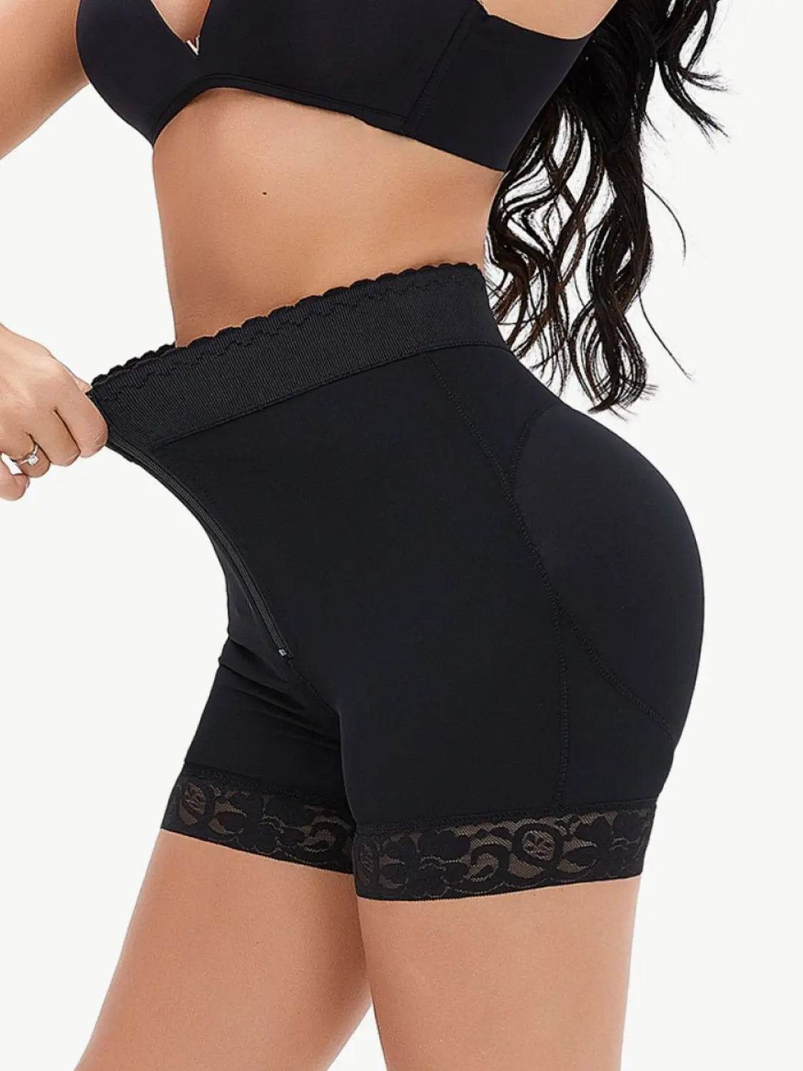 Full Size Zip-Up Lace Trim Shaping Shorts - Velveta Studio