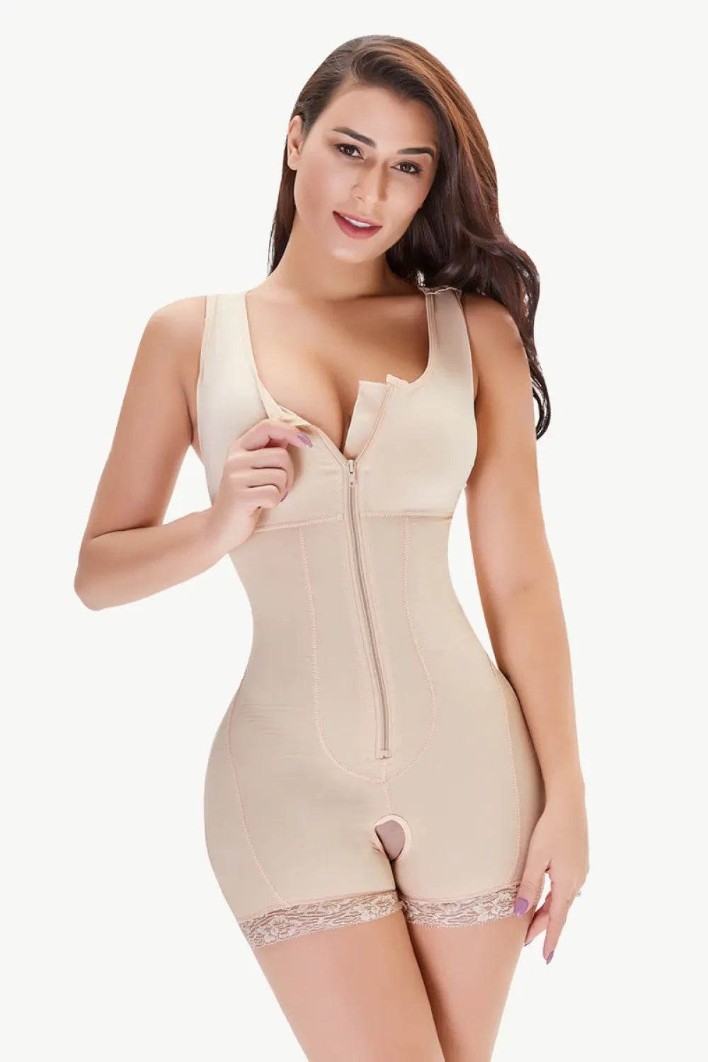 Full Size Zip-Up Scoop Neck Lace Trim Shapewear - Velveta Studio