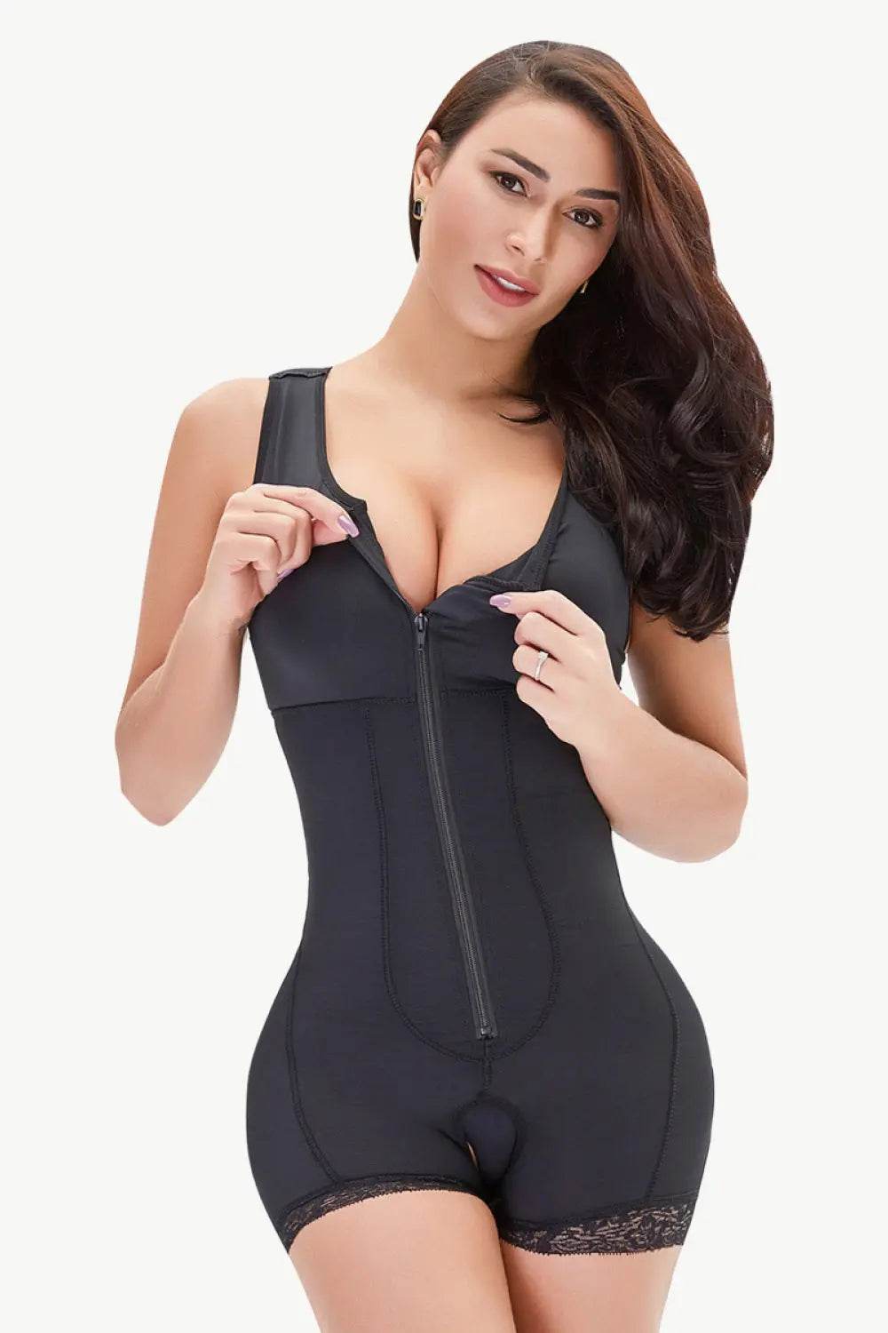 Full Size Zip-Up Scoop Neck Lace Trim Shapewear - Velveta Studio