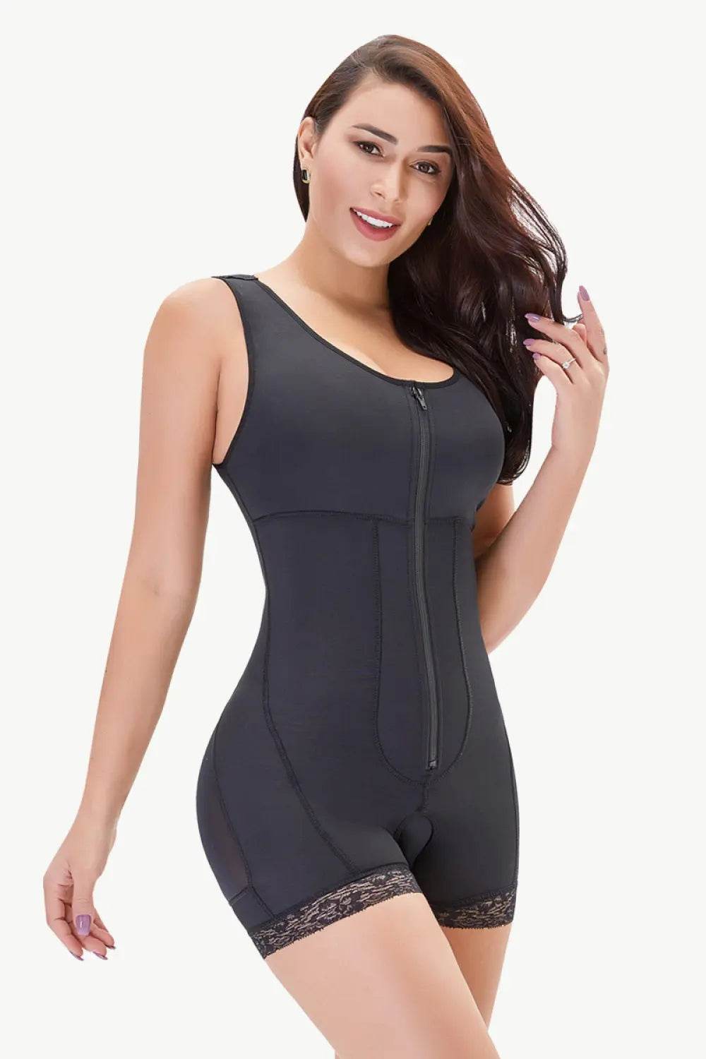 Full Size Zip-Up Scoop Neck Lace Trim Shapewear - Velveta Studio
