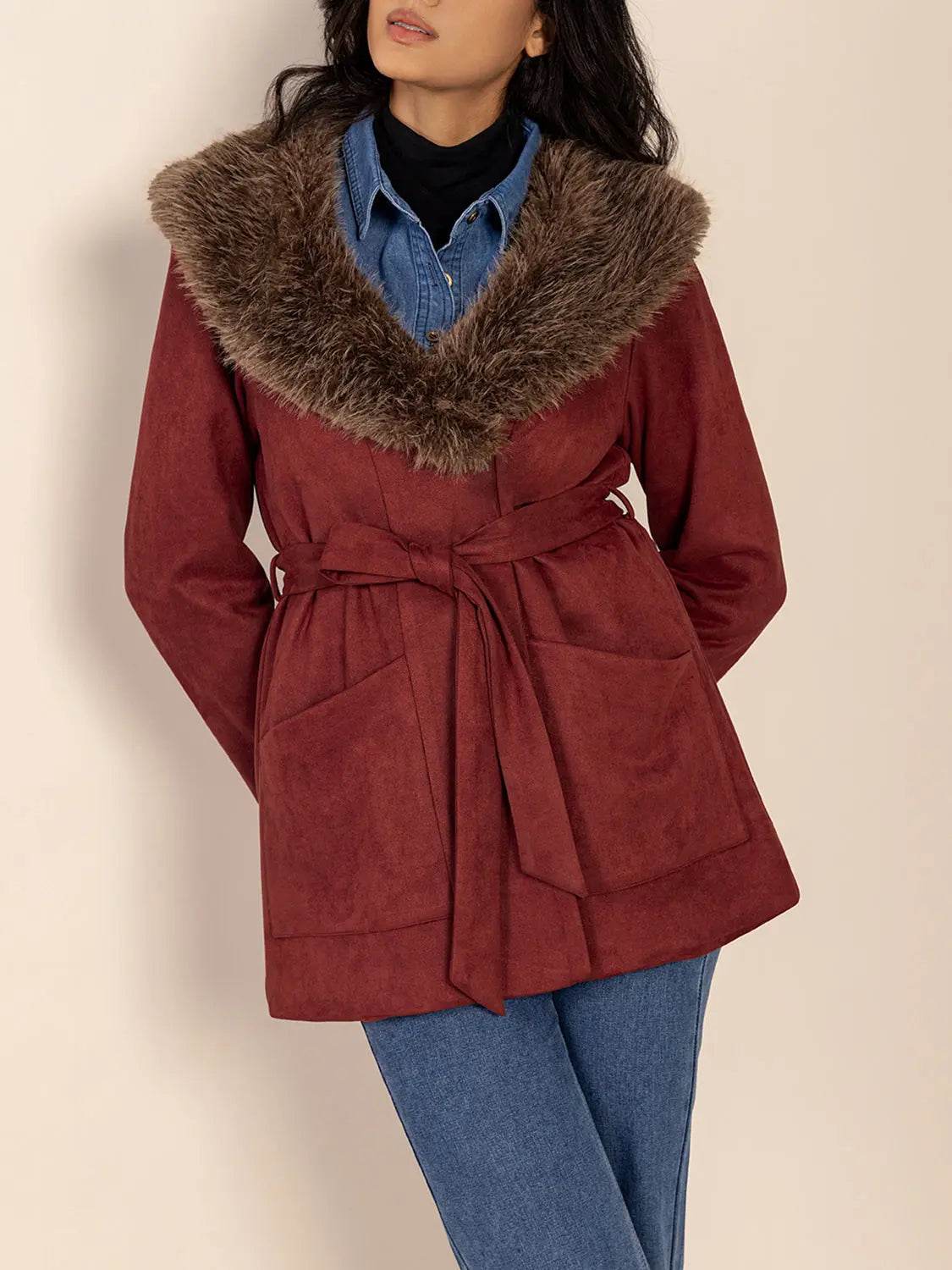 Fuzzy Collared Neck Tie Waist Jacket - Velveta Studio