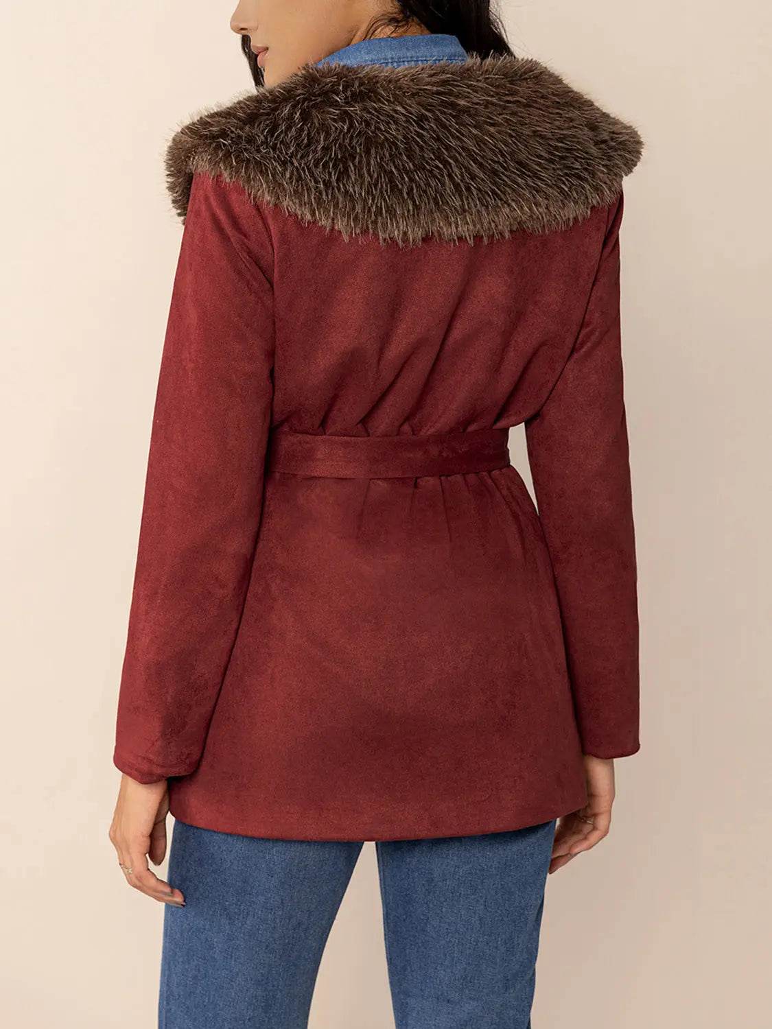Fuzzy Collared Neck Tie Waist Jacket - Velveta Studio