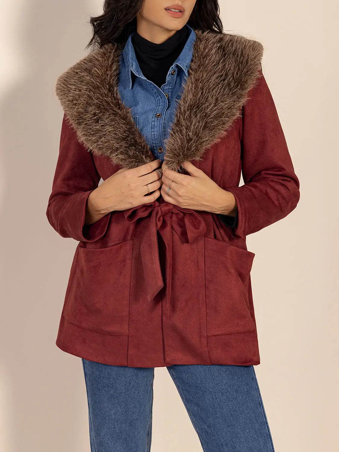 Fuzzy Collared Neck Tie Waist Jacket - Velveta Studio