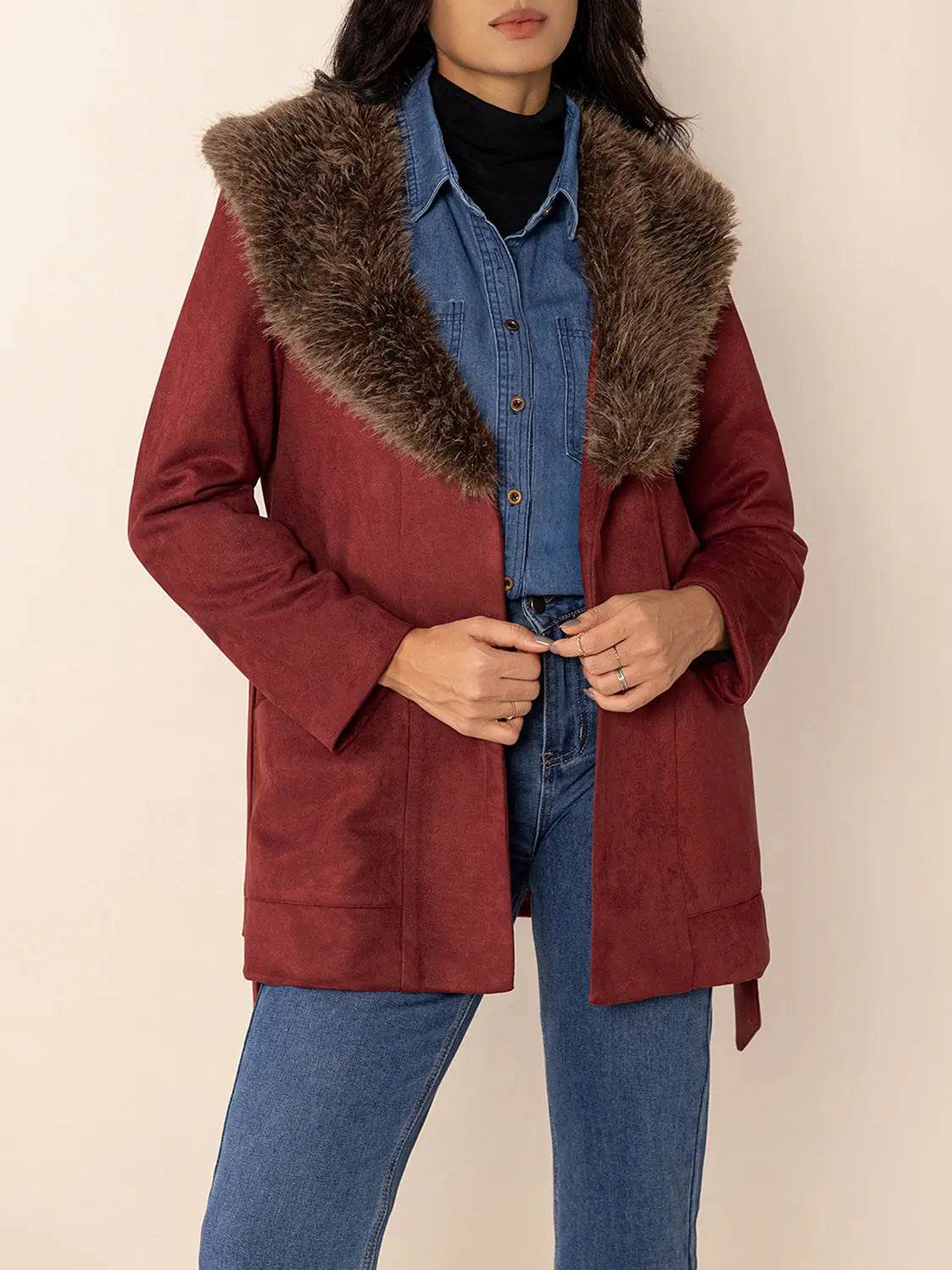 Fuzzy Collared Neck Tie Waist Jacket - Velveta Studio