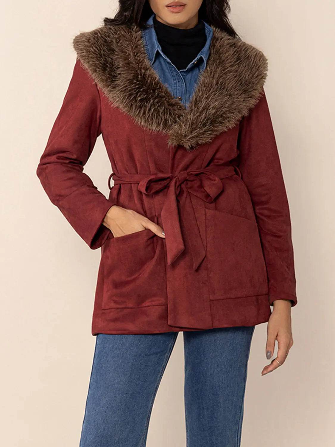 Fuzzy Collared Neck Tie Waist Jacket - Velveta Studio