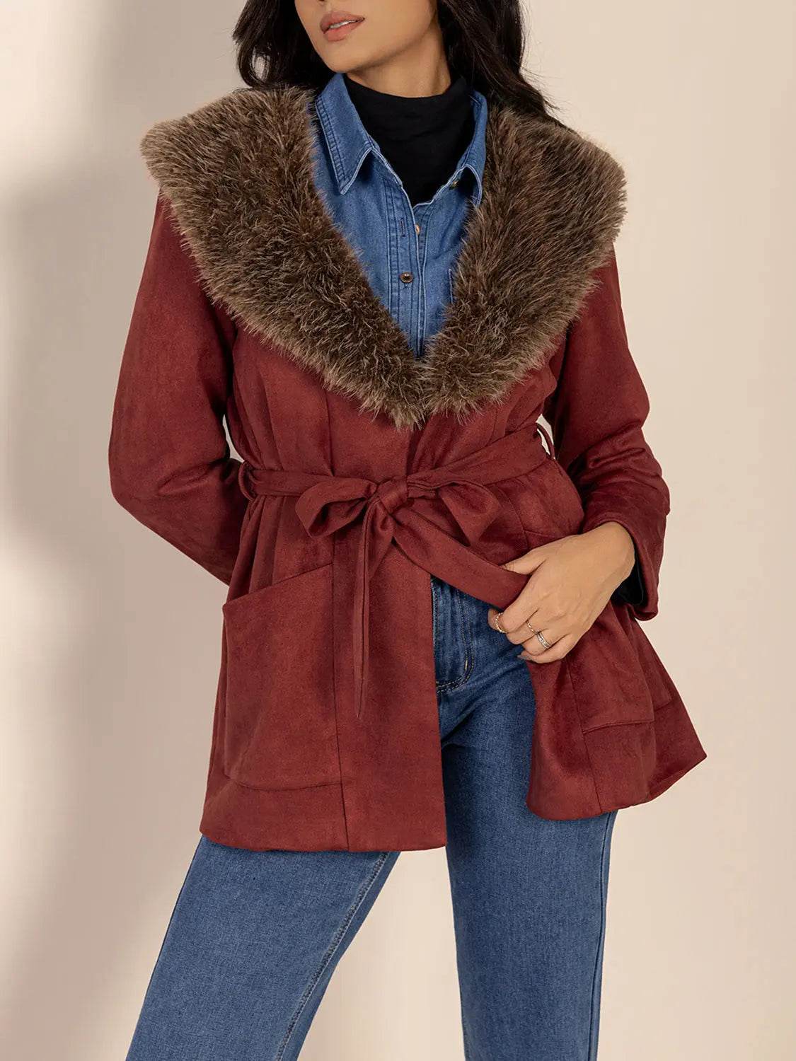 Fuzzy Collared Neck Tie Waist Jacket - Velveta Studio