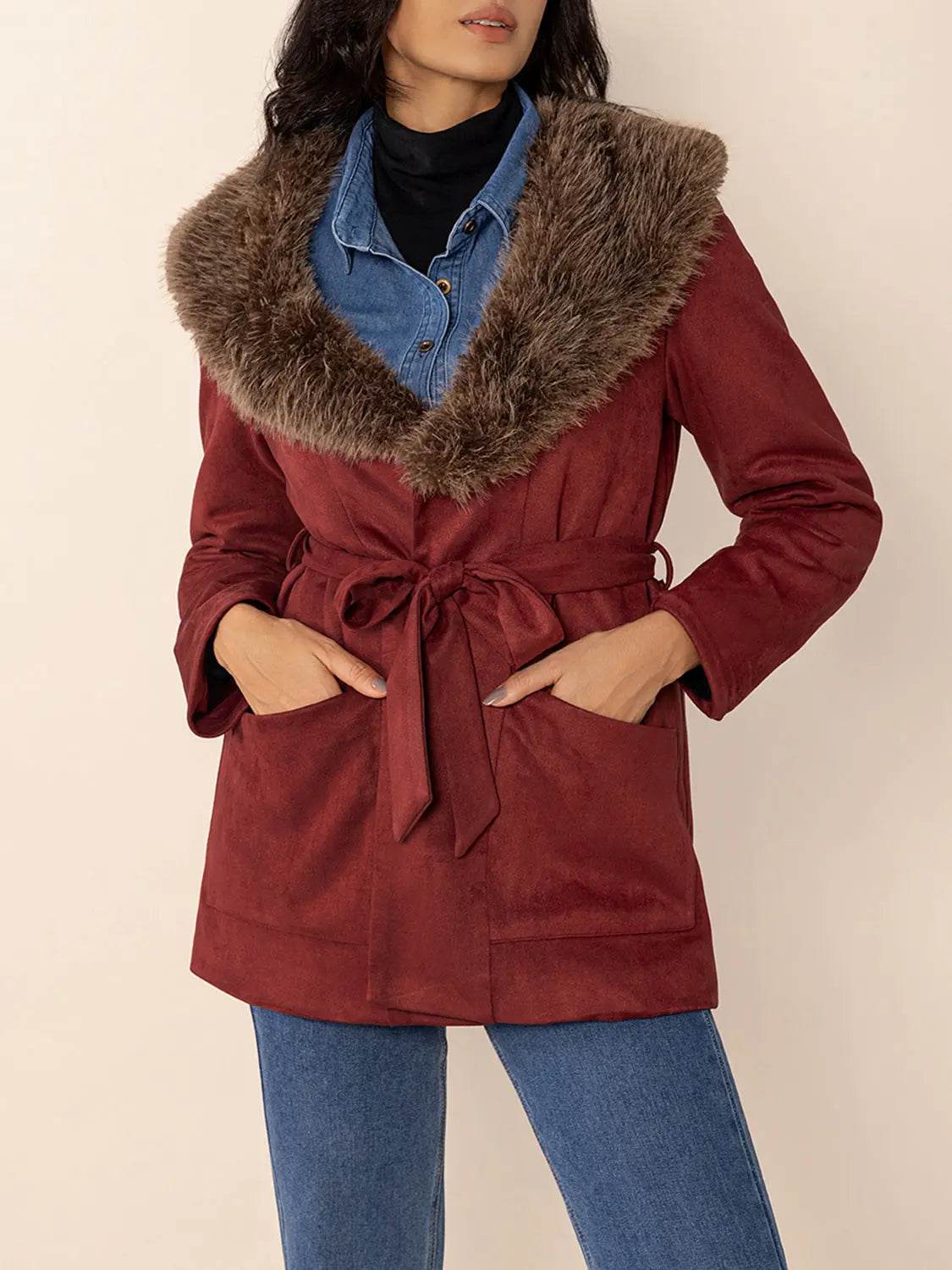 Fuzzy Collared Neck Tie Waist Jacket - Velveta Studio