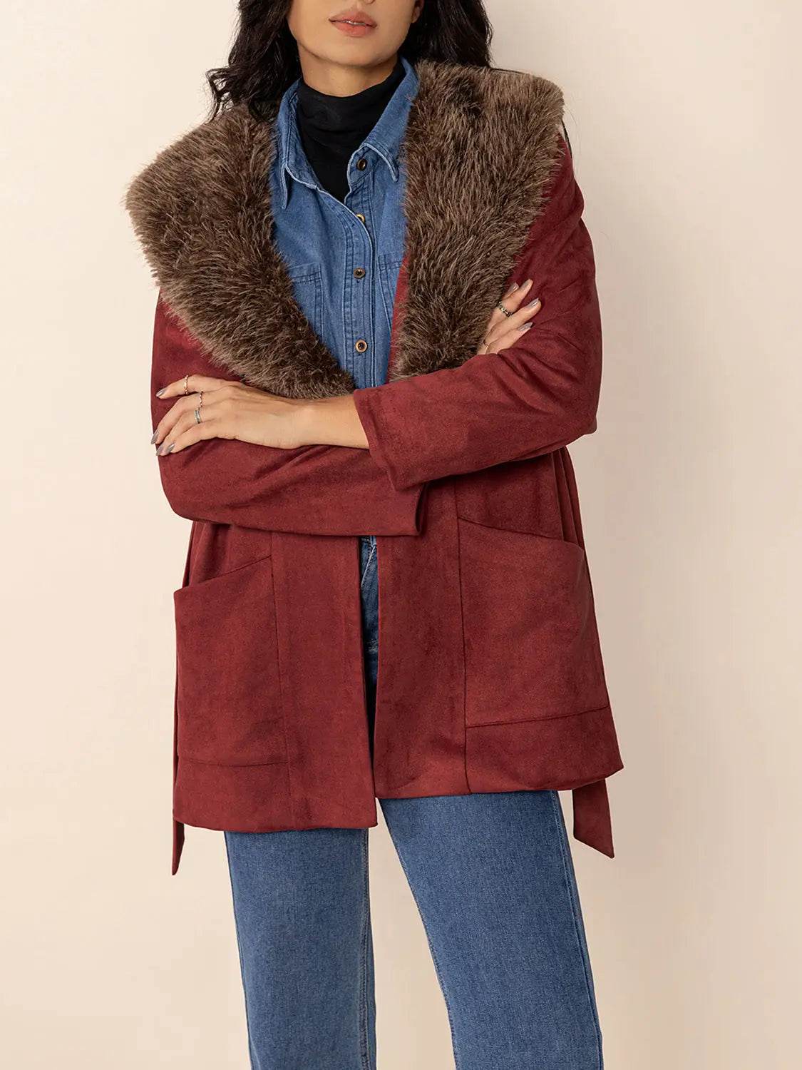 Fuzzy Collared Neck Tie Waist Jacket - Velveta Studio